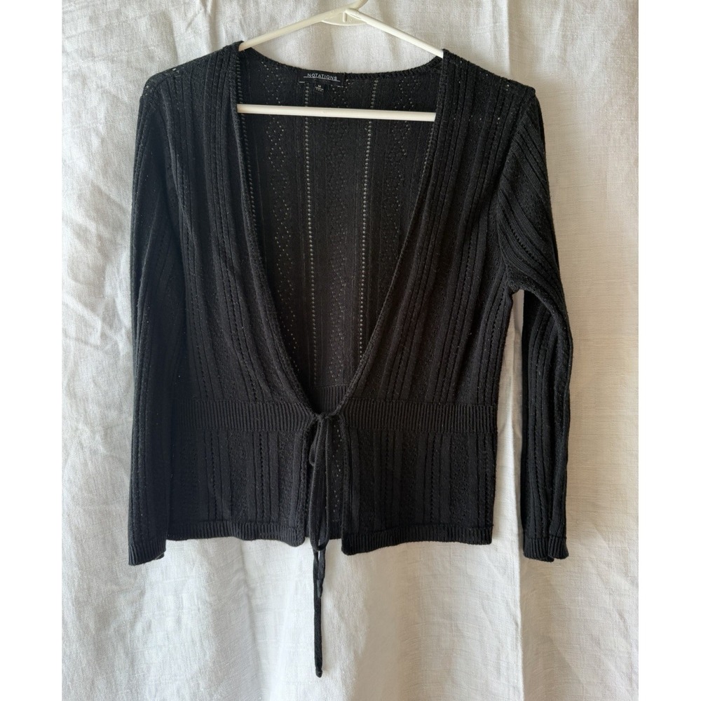 Notations Sheer Open Cardigan Womens Medium Black Front Tie Made In USA‎